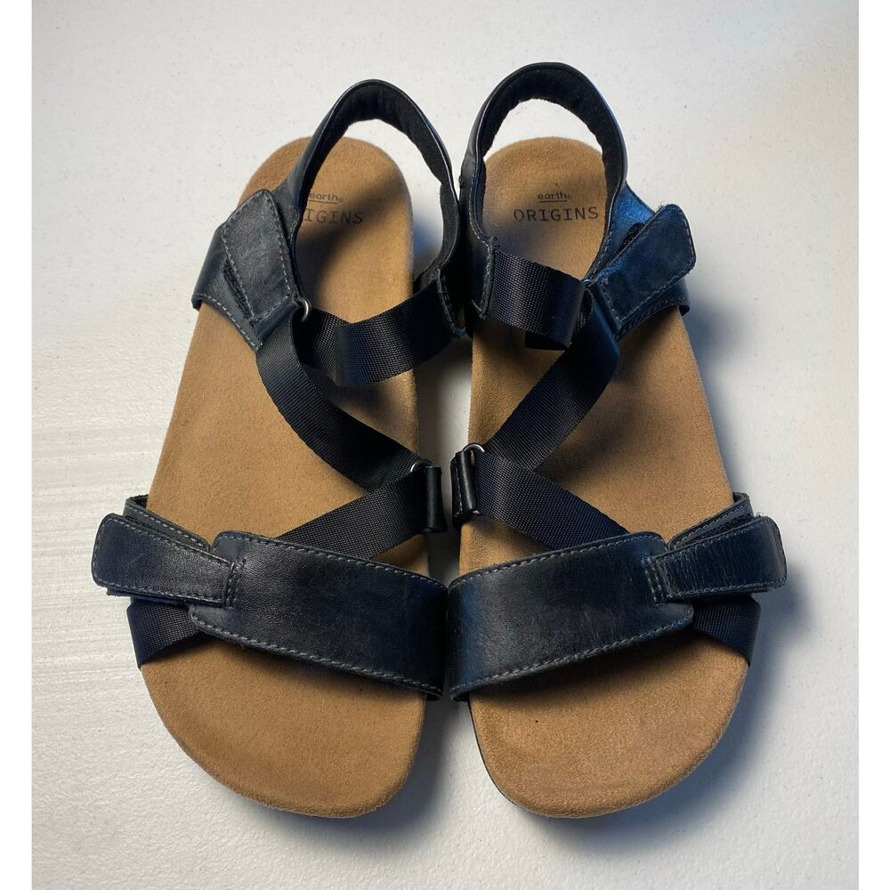 Earth Origins Comfort Orsa Wide Black Leather Sandals Women's 8 Cork‎ Adjustable